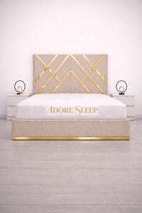 Plush Velvet Beige - Regalia Noir Luxury Upholstered Bed – Geometric Designer Headboard with Metallic Accent Detailing
