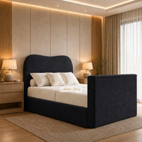 Naples Black - Serene Luxury Curved TV Bed – Designer Upholstered Bed Frame with Integrated TV Footboard