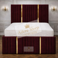 Plush Velvet Maroon - Celestine Luxe Vertical Panelled Gold Strip Upholstered Bed Frame | Luxury Statement Bed