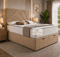 Plush Velvet Beige - Meridian Abstract Geometry Ottoman Divan Bed | Luxury Hydraulic Storage Bed Frame