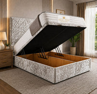 Crushed Velvet Champagne - Meridian Abstract Geometry Ottoman Divan Bed | Luxury Hydraulic Storage Bed Frame