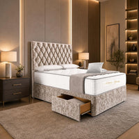 Crushed Velvet Mink - Regency Diamond Luxury Divan Bed – Deep Button-Tufted Headboard with Premium Upholstered Frame & Storage