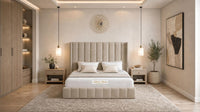Naples Beige - Chelsea Luxury Channel Panel Bed – Premium Upholstered Bed Frame with Statement Headboard