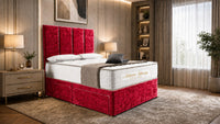 Crushed Velvet Red - Kensington Grande Luxury Divan Bed – Premium Upholstered Bed Frame with Tall Vertical Panel Headboard