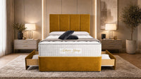 Plush Velvet Mustard Gold - Kensington Grande Luxury Divan Bed – Premium Upholstered Bed Frame with Tall Vertical Panel Headboard