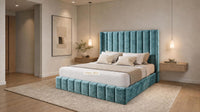 Crushed Velvet Teal - Chelsea Luxury Channel Panel Bed – Premium Upholstered Bed Frame with Statement Headboard