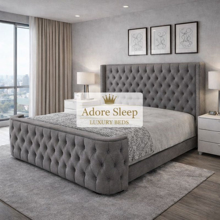 Naples Slate Grey - Celestine Grandeur Luxury Upholstered Bed – Deep Button Tufted Headboard & Curved Statement Footboard