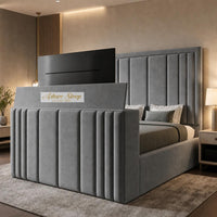 Plush Velvet Steel - Belgravia Luxury TV Bed – Statement Panel Upholstered Bed Frame with TV Footboard