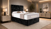 Crushed Velvet Black - Aurelia Geometric Luxe Divan Bed with Statement Panelled Headboard & Storage