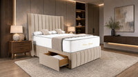 Plush Velvet Beige - Valentina Vertical Luxe Divan Bed – Channelled Statement Headboard & Storage