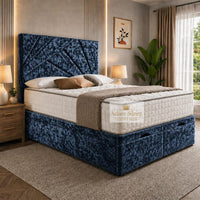 Crushed Velvet Denim Blue - Meridian Abstract Geometry Ottoman Divan Bed | Luxury Hydraulic Storage Bed Frame