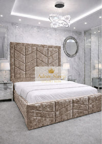 Crushed Velvet Mink - Valencia Royale Luxury Upholstered Bed – Geometric Chevron Panel Headboard & Statement Footboard