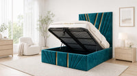 Crushed Velvet Teal - Monaco V-Line Luxury Geometric Ottoman Storage Bed
