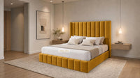 Plush Velvet Mustard Gold - Chelsea Luxury Channel Panel Bed – Premium Upholstered Bed Frame with Statement Headboard