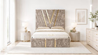 Crushed Velvet Mink - Monaco V-Line Luxury Geometric Ottoman Storage Bed