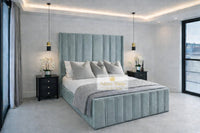 Plush Velvet Duck Egg - Aurelia Grandeur Luxury Upholstered Panel Bed – Tall Vertical Channel Headboard & Deep Padded Frame