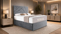 Plush Velvet Steel - Aurelia Geometric Luxe Divan Bed with Statement Panelled Headboard & Storage