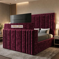 Crushed Velvet Aubergine - Belgravia Luxury TV Bed – Statement Panel Upholstered Bed Frame with TV Footboard