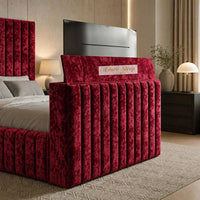 Crushed Velvet Red - Mayfair Luxury Channelled TV Bed – Premium Upholstered Bed Frame with Integrated TV Footboard