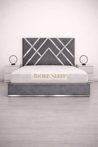 Plush Velvet Steel - Regal Diamond Luxury Panel Bed Frame with Silver Strip – Upholstered