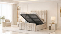 Crushed Velvet Cream - Langham Column Luxury Panelled Ottoman Storage Bed