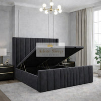 Naples Charcoal - Valmont Luxe Ottoman Divan Bed Frame – Luxury Upholstered Storage Bed with Statement Panelled Headboard