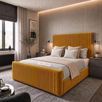Plush Velvet Mustard Gold - Radisson Luxury Fluted Bed – Premium Upholstered Bed Frame with Statement Headboard & Footboard