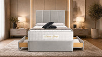 Plush Velvet Silver - Kensington Grande Luxury Divan Bed – Premium Upholstered Bed Frame with Tall Vertical Panel Headboard