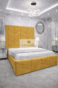 Plush Velvet Mustard Gold - Valencia Royale Luxury Upholstered Bed – Geometric Chevron Panel Headboard & Statement Footboard