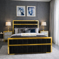 Naples Black - Aurelius Linear Upholstered Designer Bed | Luxury Gold Frame Statement Bed