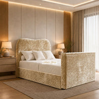 Crushed Velvet Gold - Serene Luxury Curved TV Bed – Designer Upholstered Bed Frame with Integrated TV Footboard