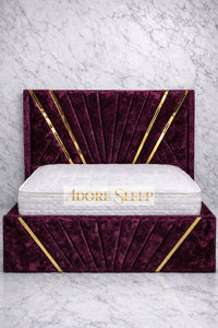 Crushed Velvet Aubergine - Bat Luxury Panel Bed Frame with Gold Strip – Upholstered