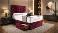 Crushed Velvet Aubergine - Kensington Grande Luxury Divan Bed – Premium Upholstered Bed Frame with Tall Vertical Panel Headboard