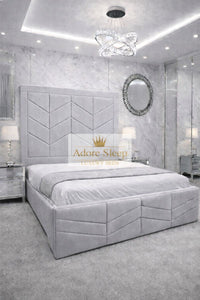 Plush Velvet Silver - Valencia Royale Luxury Upholstered Bed – Geometric Chevron Panel Headboard & Statement Footboard