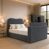 Naples Charcoal - Serene Luxury Curved TV Bed – Designer Upholstered Bed Frame with Integrated TV Footboard