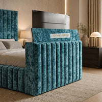 Crushed Velvet Teal - Mayfair Luxury Channelled TV Bed – Premium Upholstered Bed Frame with Integrated TV Footboard