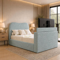 Plush Velvet Duck Egg - Serene Luxury Curved TV Bed – Designer Upholstered Bed Frame with Integrated TV Footboard