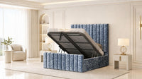 Crushed Velvet Denim Blue - Langham Column Luxury Panelled Ottoman Storage Bed
