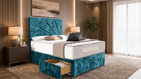 Crushed Velvet Teal - Aurelia Geometric Luxe Divan Bed with Statement Panelled Headboard & Storage