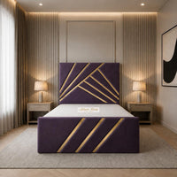 Naples Purple - Monaco Luxury Geometric Bed – Designer Upholstered Bed Frame with Metallic Inlay Detailing