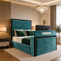 Crushed Velvet Teal - Claridge Luxury Framed TV Bed – Premium Upholstered Bed Frame with Integrated TV Footboard