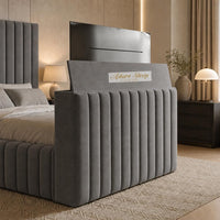 Naples Slate Grey - Mayfair Luxury Channelled TV Bed – Premium Upholstered Bed Frame with Integrated TV Footboard