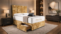 Crushed Velvet Gold - Kensington Grande Luxury Divan Bed – Premium Upholstered Bed Frame with Tall Vertical Panel Headboard