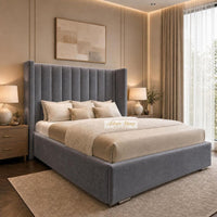 Naples Slate Grey - Harrington Luxury Wingback Bed – Premium Upholstered Bed Frame with Tall Panel Headboard