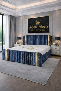 Crushed Velvet Denim Blue - Spencer Luxury Curved Fluted Bed Frame with Gold Strip – Upholstered