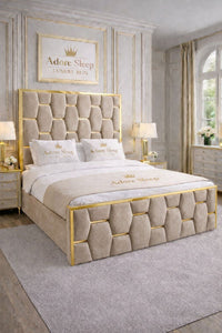 Naples Beige - Sovereign Geometric Upholstered Designer Bed | Luxury Gold Trim Bed Frame