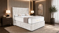 Crushed Velvet White - Valentina Vertical Luxe Divan Bed – Channelled Statement Headboard & Storage