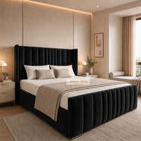 Plush Velvet Black - Grosvenor Luxury Winged Panel Bed – Designer Upholstered Bed Frame with Statement Headboard & Footboard