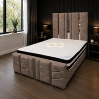 Naples Mink - Chevronne Luxury Chevron Panel Bed – Designer Upholstered Bed Frame with Metallic Inlay Detailing