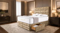 Crushed Velvet Gold - Monaco Luxe Luxury Divan Bed – Premium Upholstered Panelled Headboard with Storage